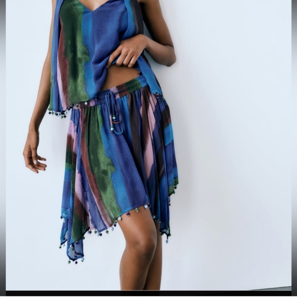 Zara Womens Peacock Blue Asymmetrical Hankerchief Beaded Skirt SZ L NWT